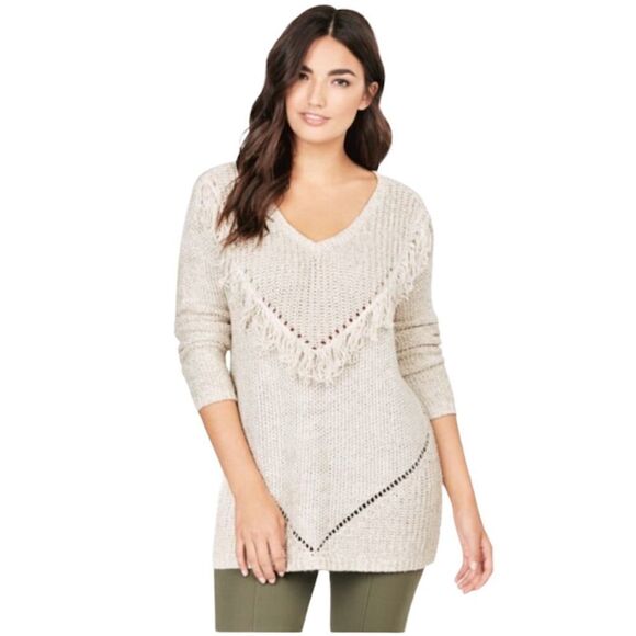𝅺JUST Fab Marled Oatmeal Fringed V Neck Sweater Size S - Picture 2 of 8